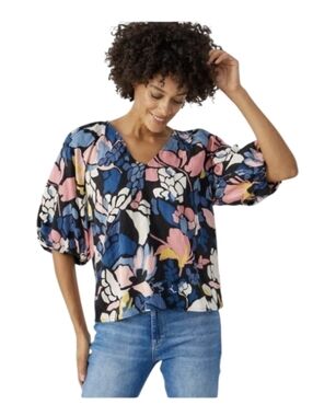 Part Two 34 V-Neck Puff Sleeve Floral Blouse in Black Multi Boho Summer Top